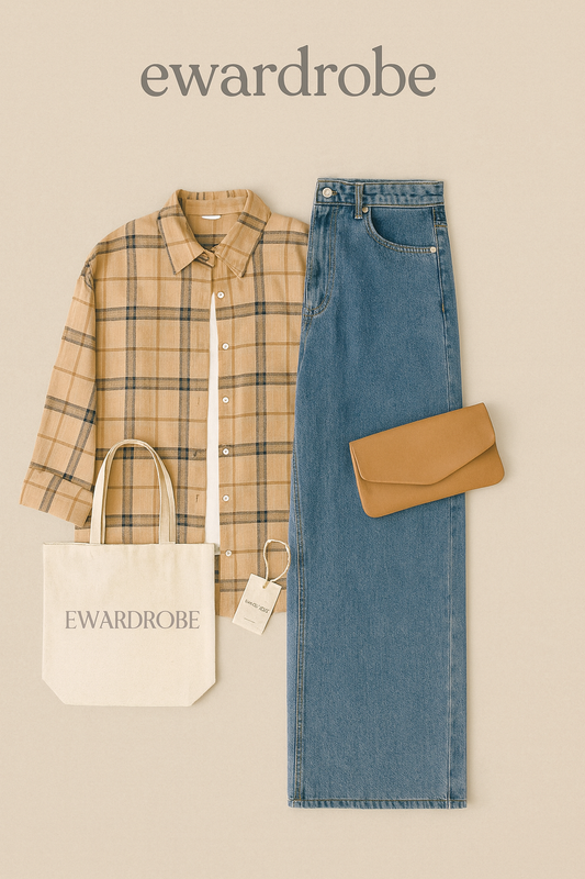 BIEGE CHECK SHIRT WITH INNER AND SKY BLUE WIDE LEG JEANS