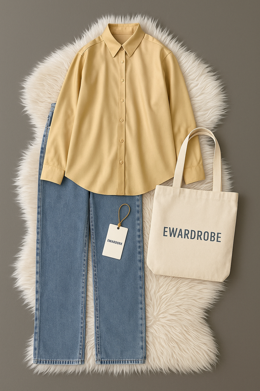 BEIGE BUTTON DOWN SHIRT WITH SKY BLUE WIDE LEG JEANS