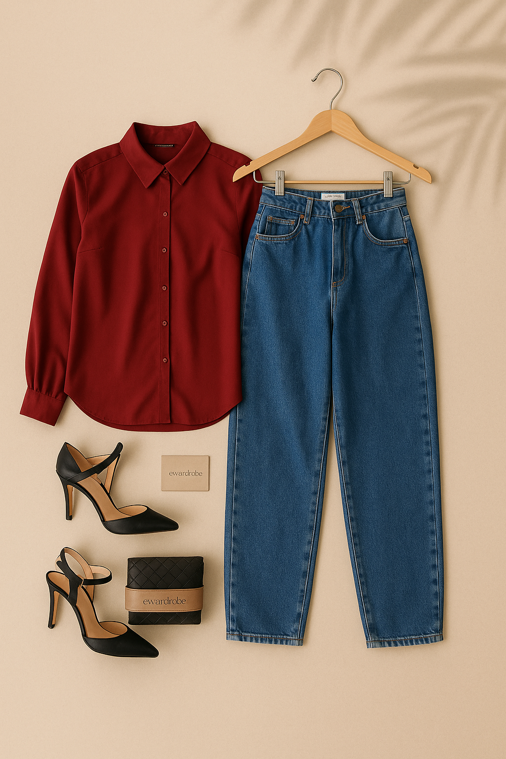 MAROON BUTTON SHIRT WITH SKY BLUE MOM JEANS