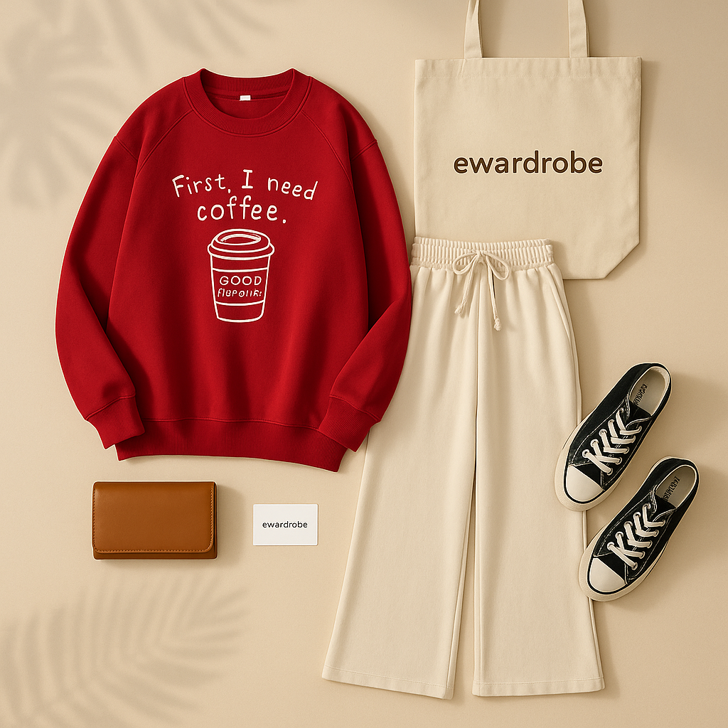 FIRST I NEED COFEE MAROON SWEATSHIRT WITH BIEGE FLAPPER