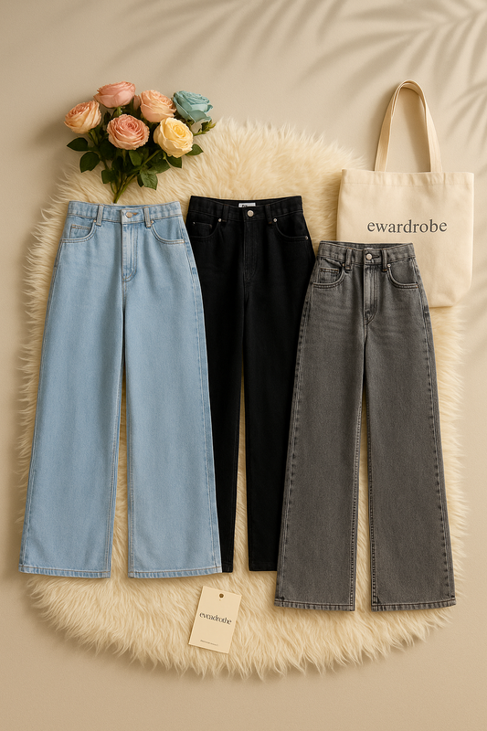 PACK OF 3 WIDE LEG JEANS ( ICE BLUE, MALAYSIAN BLACK AND JET BLACK )
