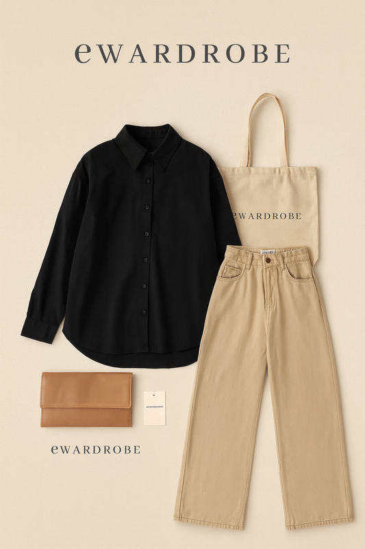 BLACK BUTTON DOWN SHIRT WITH BEIGE WIDE LEG JEANS