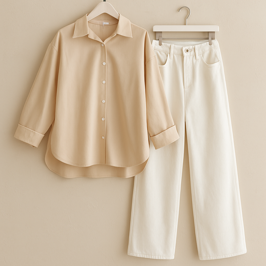 OFF WHITE BUTTON DOWN SHIRT WITH WHITE WIDE LEG JEANS