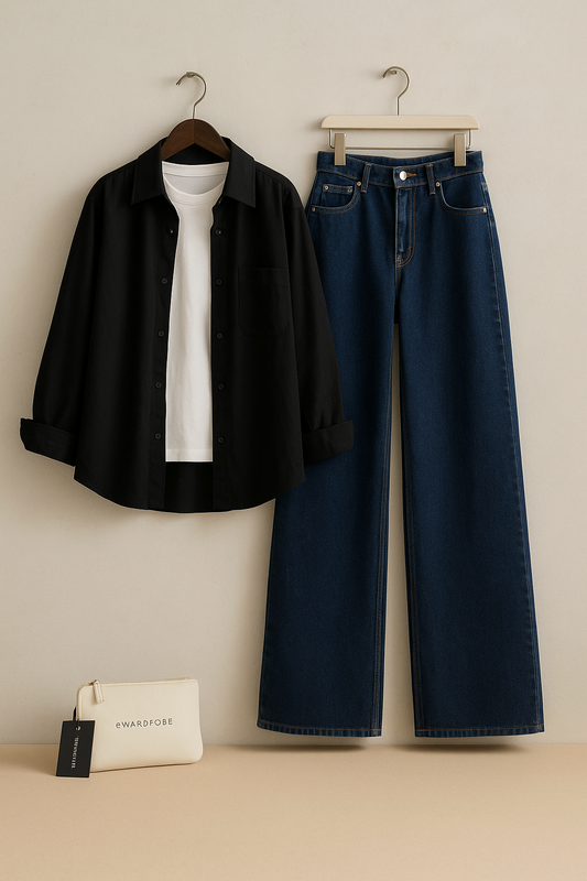 BLACK BUTTON DOWN SHIRT WITH MID BLUE WIDE LEG JEANS AND INNER