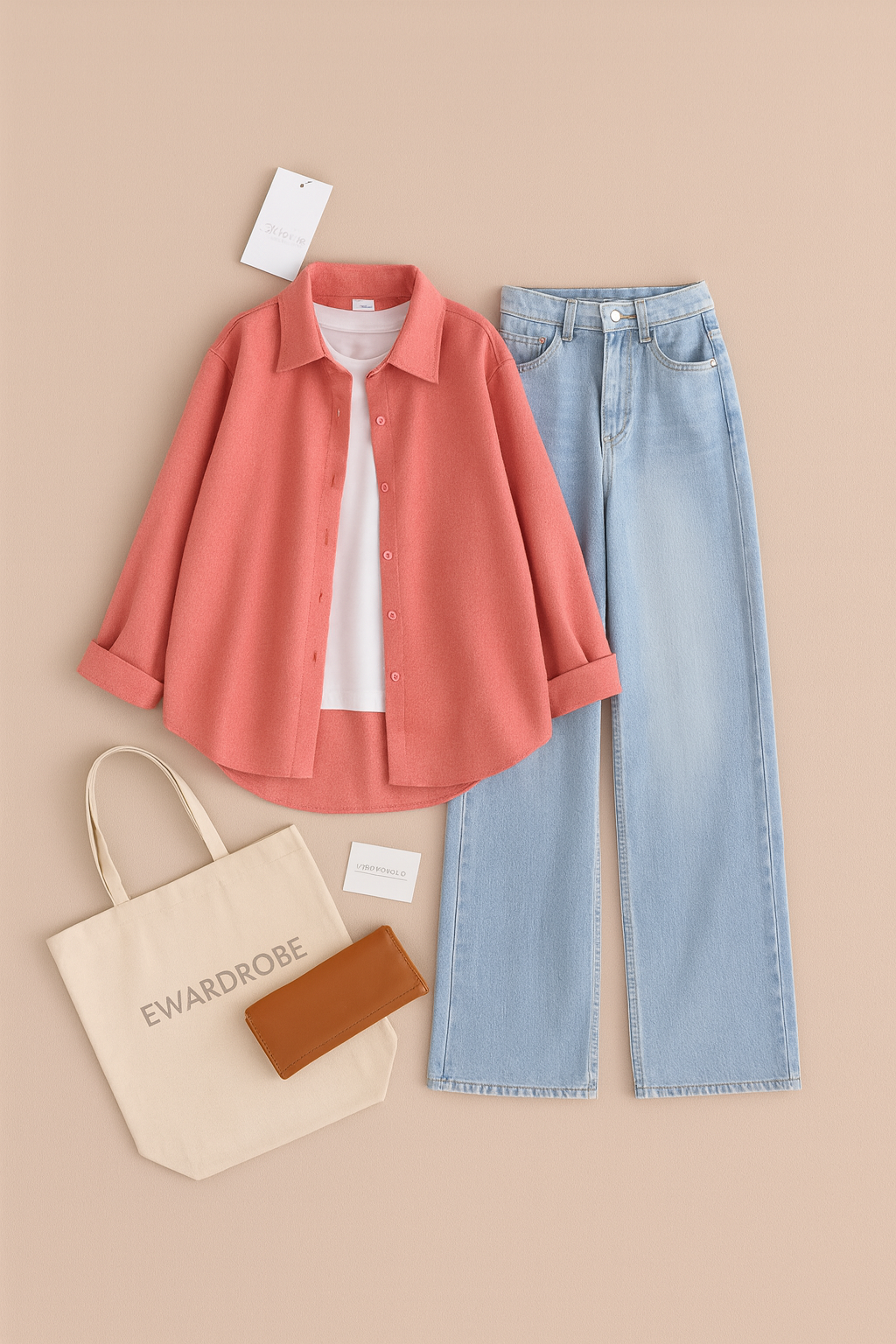 PINK BUTTON DOWN SHIRT WITH ICE BLUE WIDE LEG JEANS AND INNER