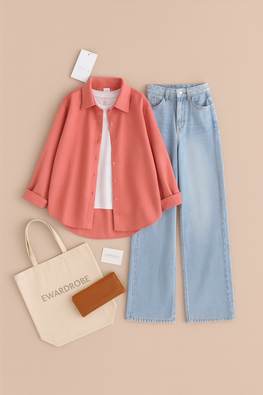 PINK BUTTON DOWN SHIRT WITH ICE BLUE WIDE LEG JEANS AND INNER