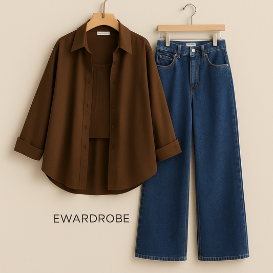 BROWN BUTTON DOWN SHIRT WITH MID BLUE MID BLUE WIDE LEG JEANS AND BROWN TANK TOP