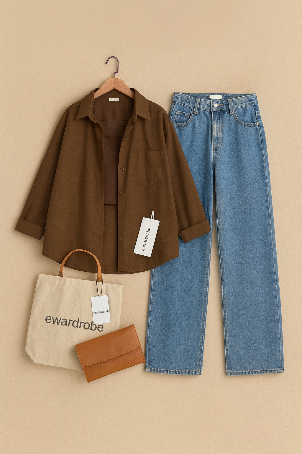 BROWN BUTTON DOWN SHIRT WITH SKY BLUE MID BLUE WIDE LEG JEANS AND BROWN TANK TOP