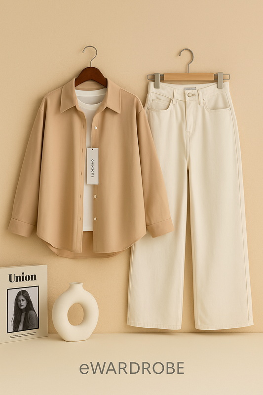 CREAM BUTTON DOWN SHIRT WITH WHITE WIDE LEG JEANS AND INNER