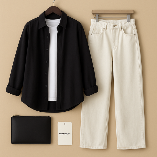 BLACK BUTTON DOWN SHIRT WITH WHITE WIDE LEG JEANS WITH INNER