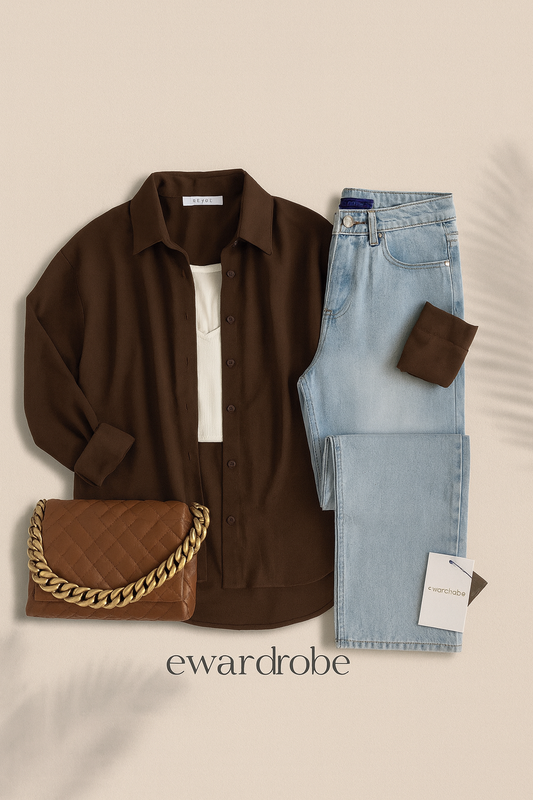 BROWN BUTTON DOWN SHIRT WITH INNER AND ICE BLUE MOM JEANS