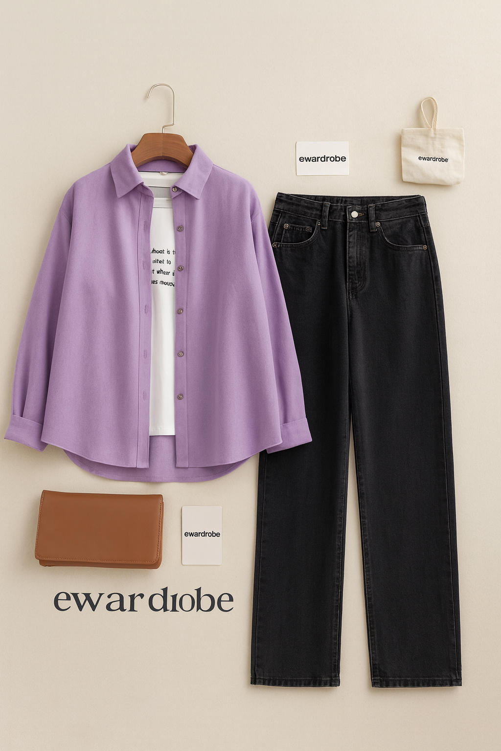 LILAC BUTTON DOWN SHIRT WITH BLACK WIDE LEG JEANS AND INNER