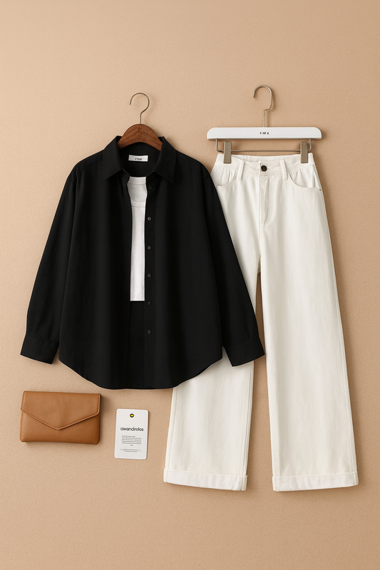 BLACK BUTTON SHIRT WITH WHITE WIDE LEG JEANS COMBO