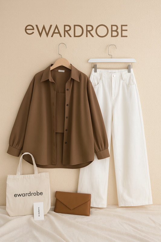COFEE BROWN BUTTON SHIRT WITH WHITE WIDE LEG JEANS COMBO