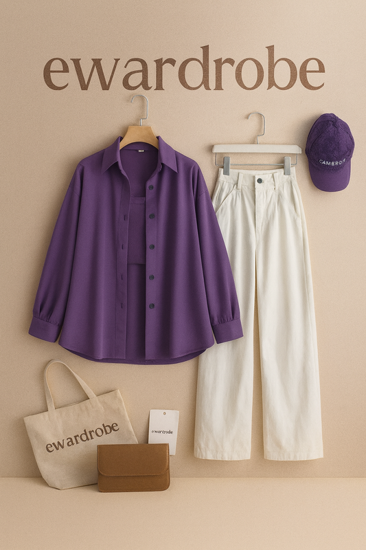 PURPLE BUTTON SHIRT WITH WHITE WIDE LEG JEANS COMBO