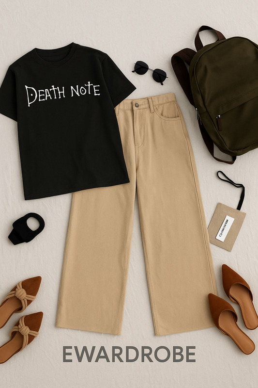 BLACK TSHIRT DEATH NOTE WITH BEIGE WIDE LEG JEANS