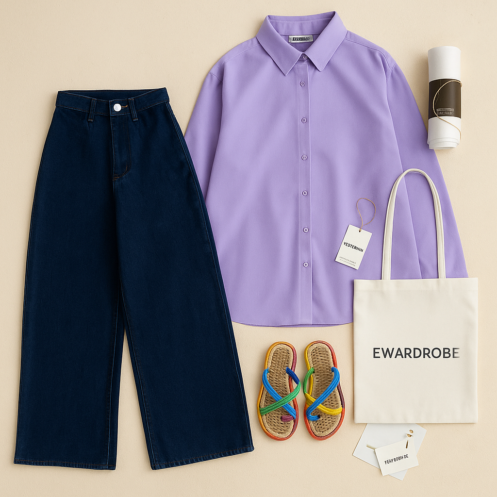 LILAC BUTTON DOWN SHIRT WITH MID BLUE WIDE LEG JEANS