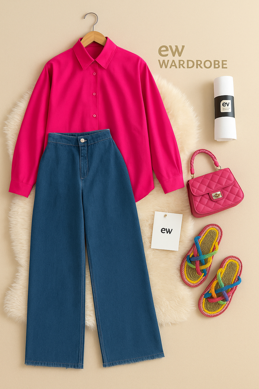 SHOCKING PINK BUTTON DOWN SHIRT WITH SKYISH BLUE WIDE LEG JEANS