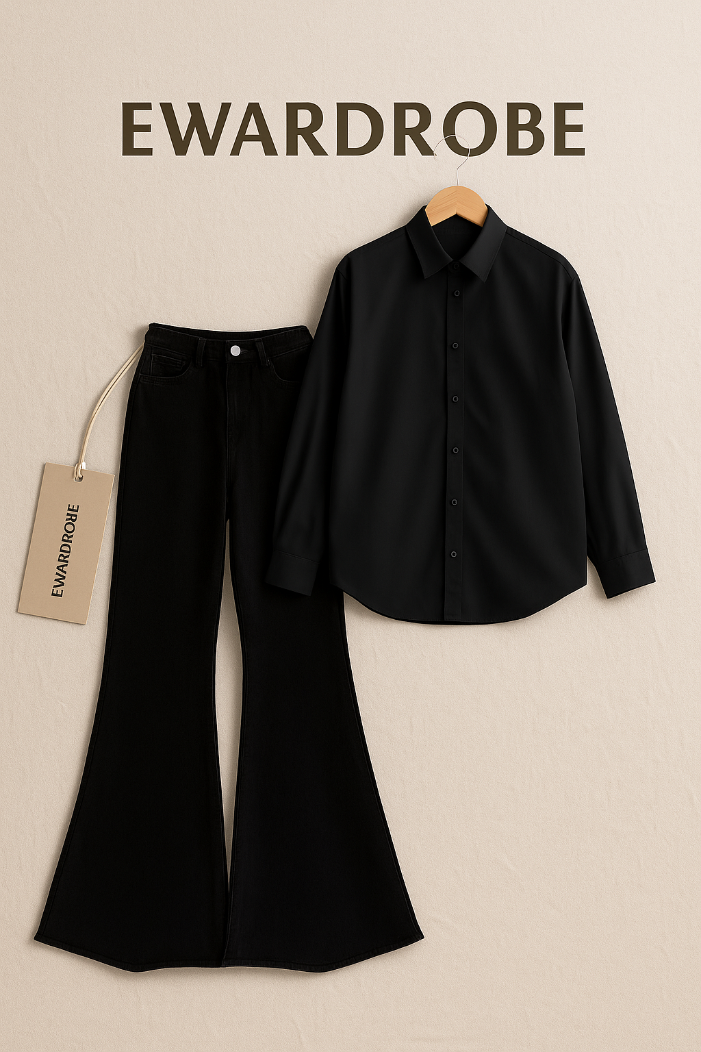 BLACK BUTTON DOWN SHIRT WITH BLACK BELL BOTTOM JEANS