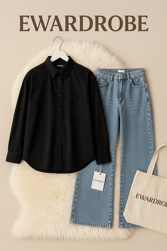 BLACK BUTTON DOWN SHIRT WITH SKY BLUE WIDE LEG JEANS