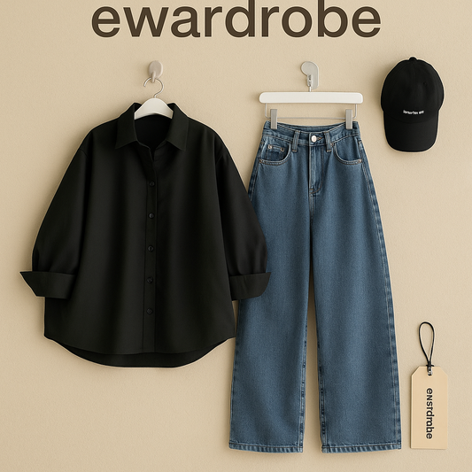 BLACK BUTTON SHIRT WITH SKY BLUE WIDE LEG JEANS COMBO