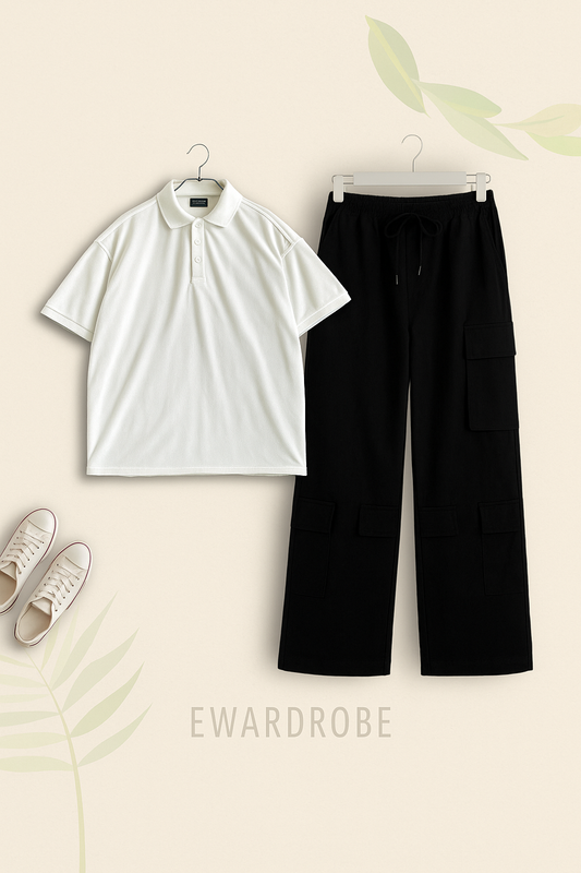 WHITE POLO WITH BLACK CARGO TROUSER