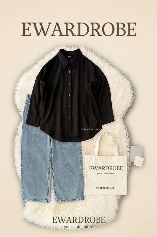 BLACK BUTTON DOWN SHIRT WITH ICE BLUE WIDE LEG JEANS