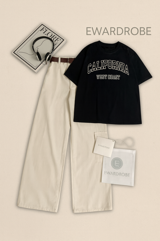 BLACK TSHIRT CALIFORNIA WEST COAST WITH WHITE WIDE LEG JEANS