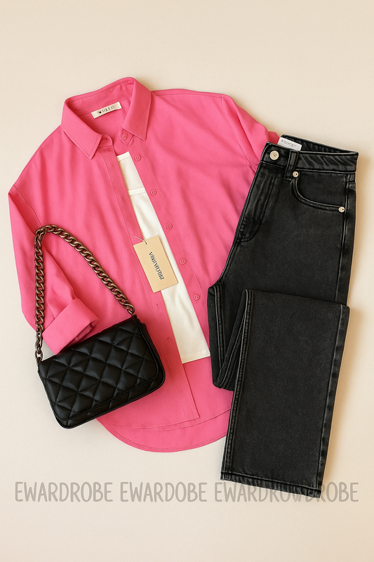 SHOCKING PINK BUTTON DOWN SHIRT WITH INNER AND CHARCOAL MOM JEANS