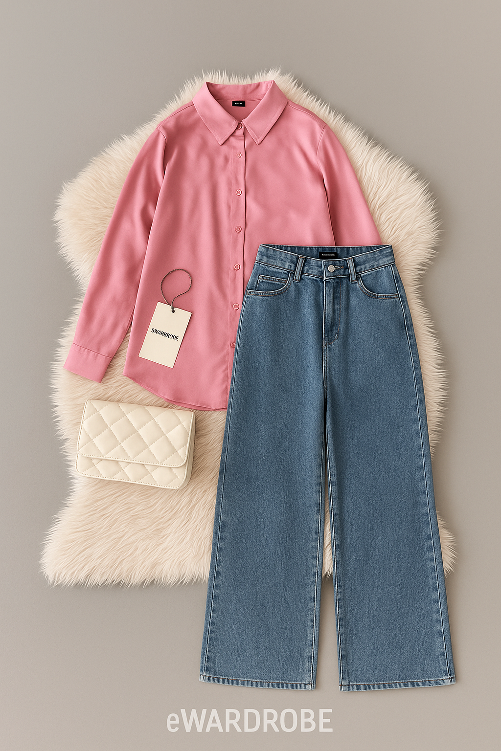 PINK BUTTON DOWN SHIRT WITH SKY BLUE WIDE LEG JEANS