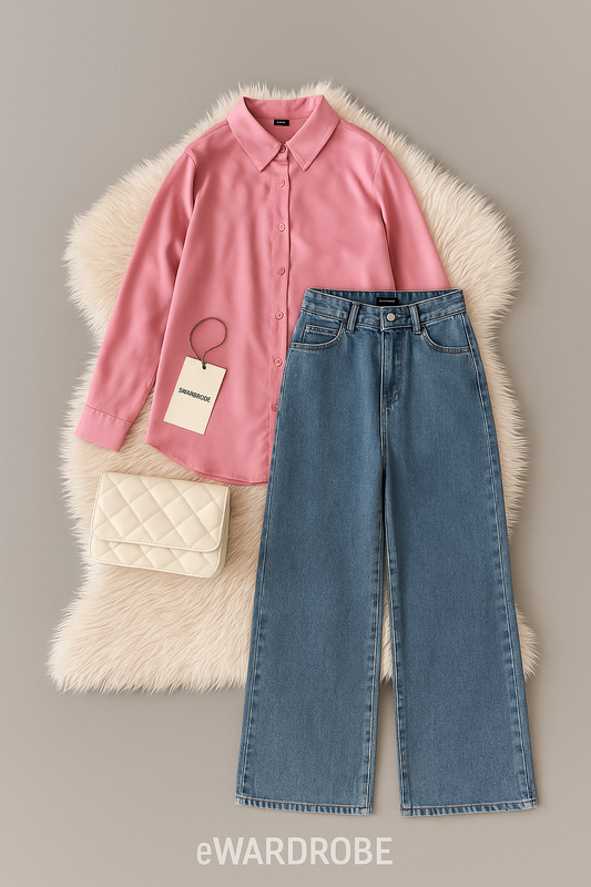 PINK BUTTON DOWN SHIRT WITH SKY BLUE WIDE LEG JEANS