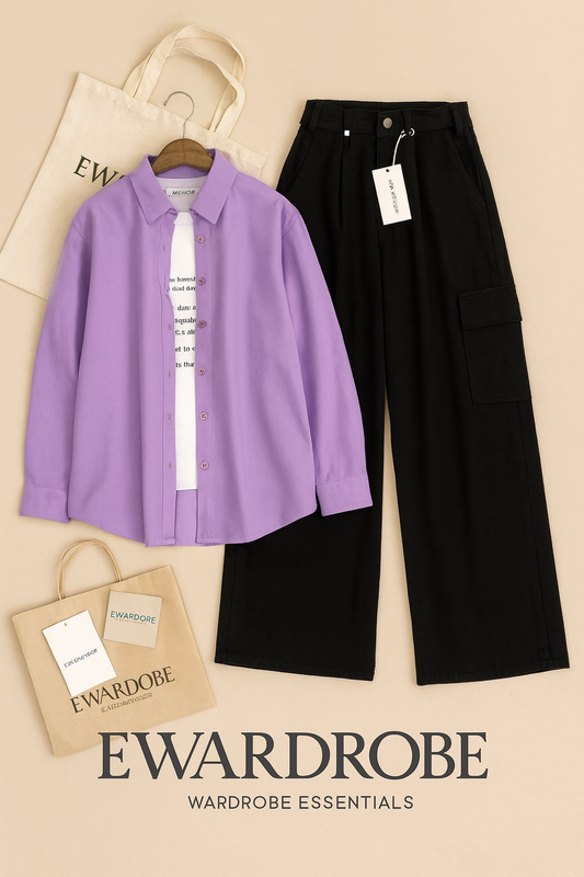 LILAC BUTTON SHIRT WITH BLACK WIDE LEG JEANS