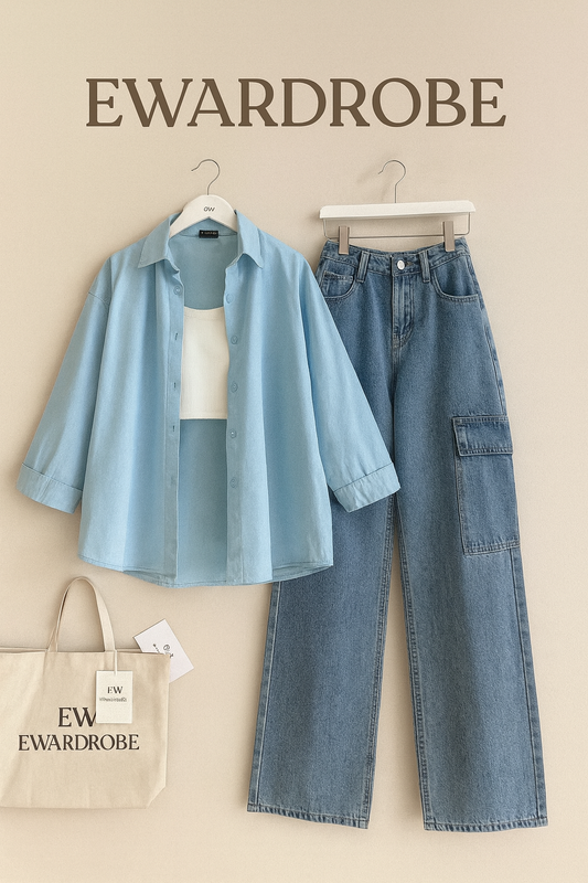 SKY BLUE BUTTON SHIRT AND TANK TOP WITH SKY BLUE WIDE LEG CARGO JEANS (3PCS)