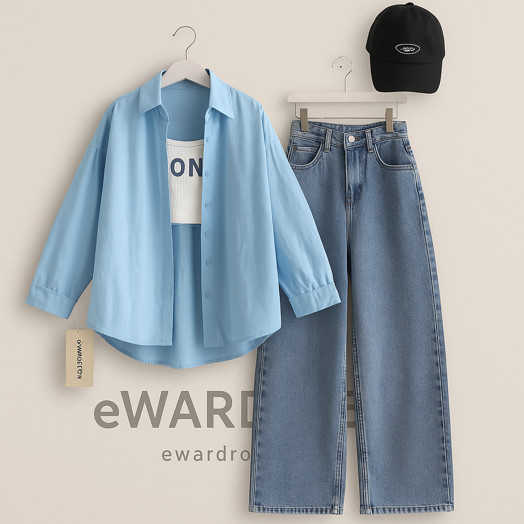 SKY BLUE BUTTON SHIRT AND TANK TOP WITH SKY BLUE WIDE LEG JEANS (3PCS)
