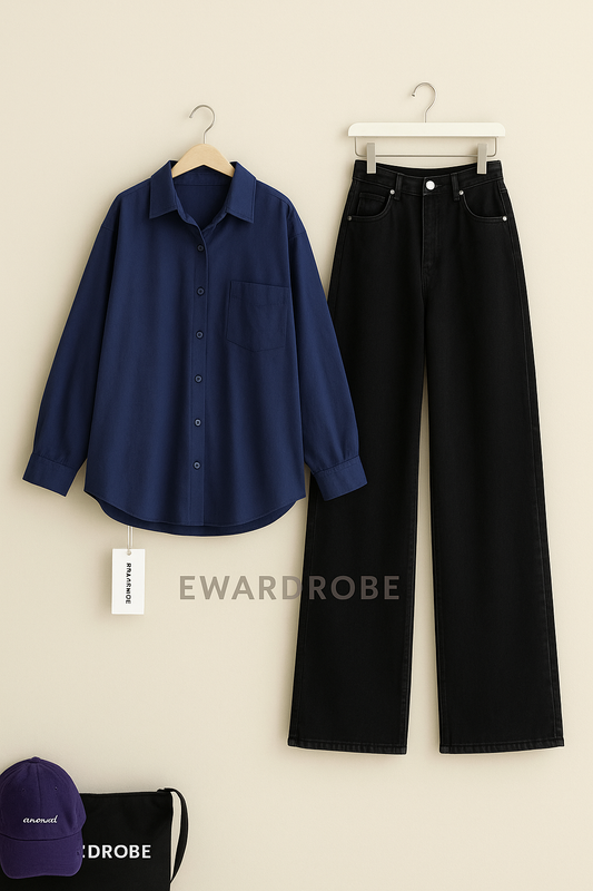 NAVY BLUE BUTTON SHIRT WITH BLACK WIDE LEG JEANS