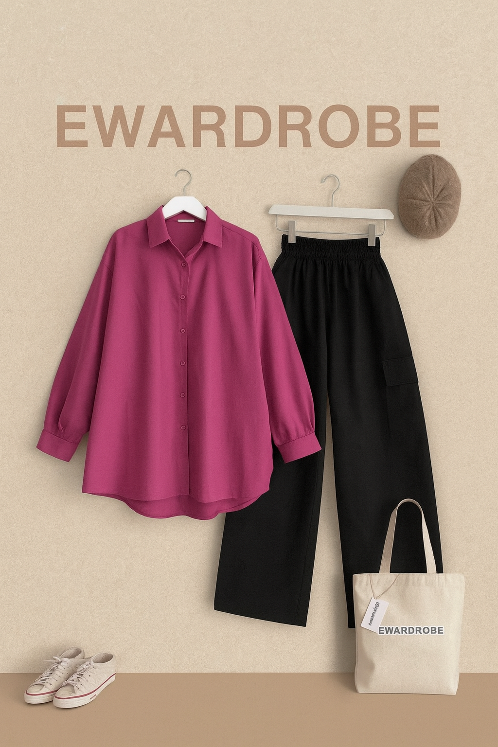 SHOCKING PINK BUTTON SHIRT WITH BLACK CARGO TROUSER