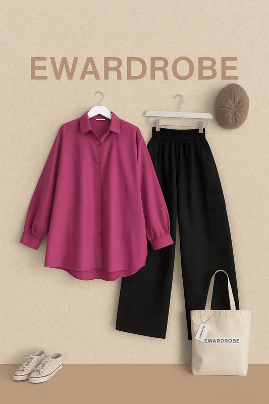 SHOCKING PINK BUTTON SHIRT WITH BLACK CARGO TROUSER