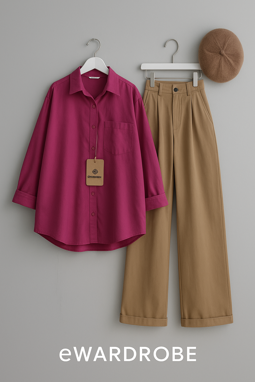 SHOCKING PINK BUTTON SHIRT WITH BEIGE WIDE LEG JEANS