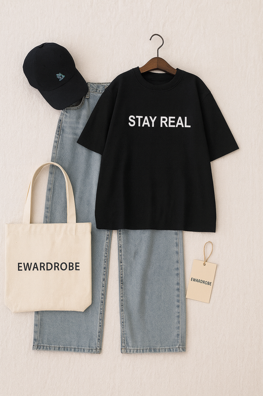 BLACK STAY REAL TSHIRT WITH ICE BLUE WIDE LEG JEANS