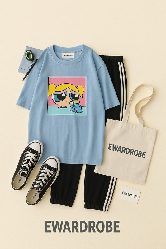 SKY BLUE TSHIRT CRYING POWERPUFF WITH 3 STRIPES TROUSER