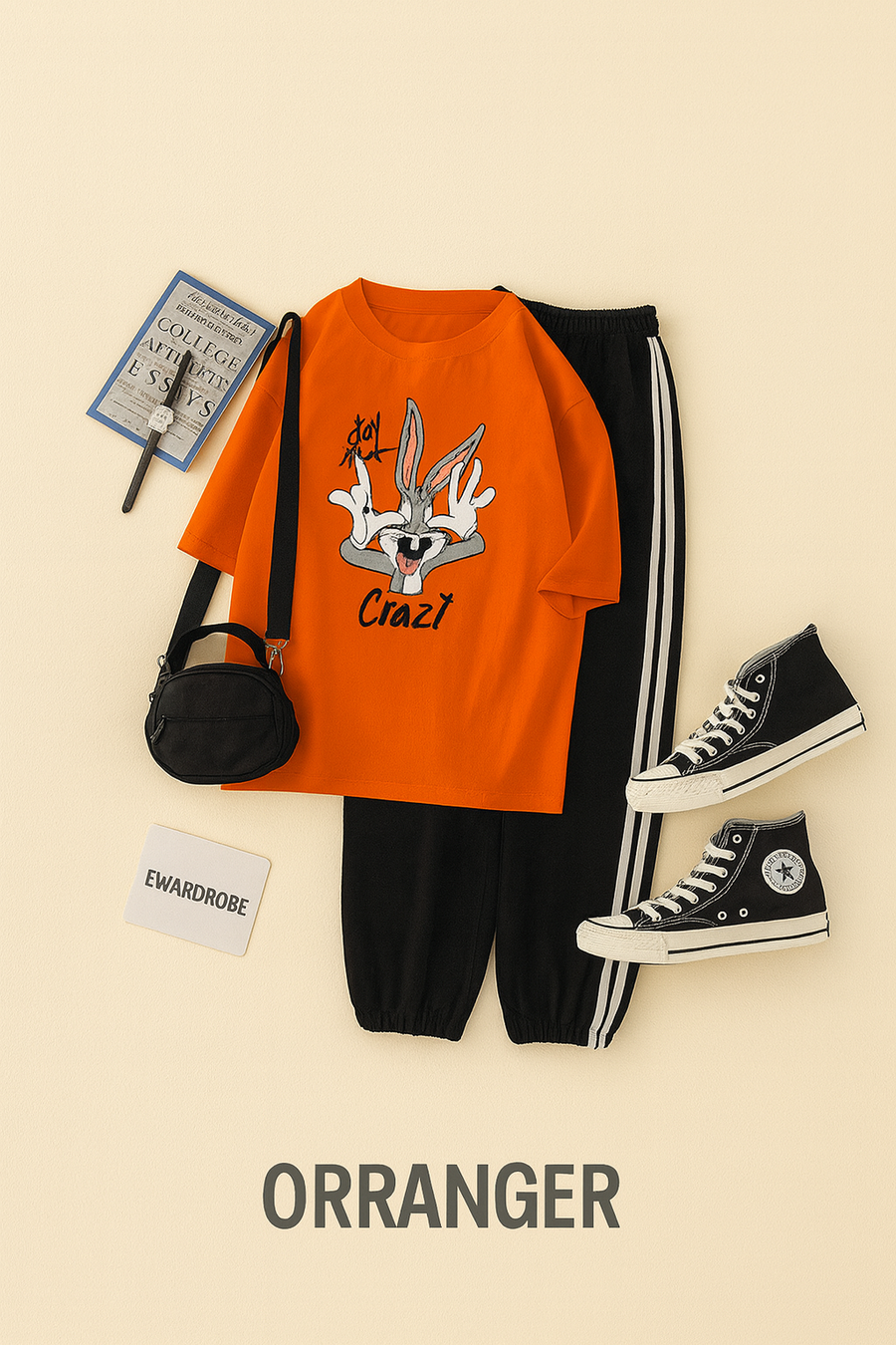 ORANGE TSHIRT STAY CRAZY WITH 3 STRIPES TROUSER