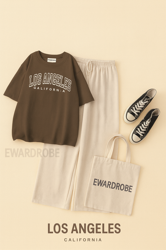 BROWN TSHIRT LOS ANGLES WITH BEIGE FLAPPER