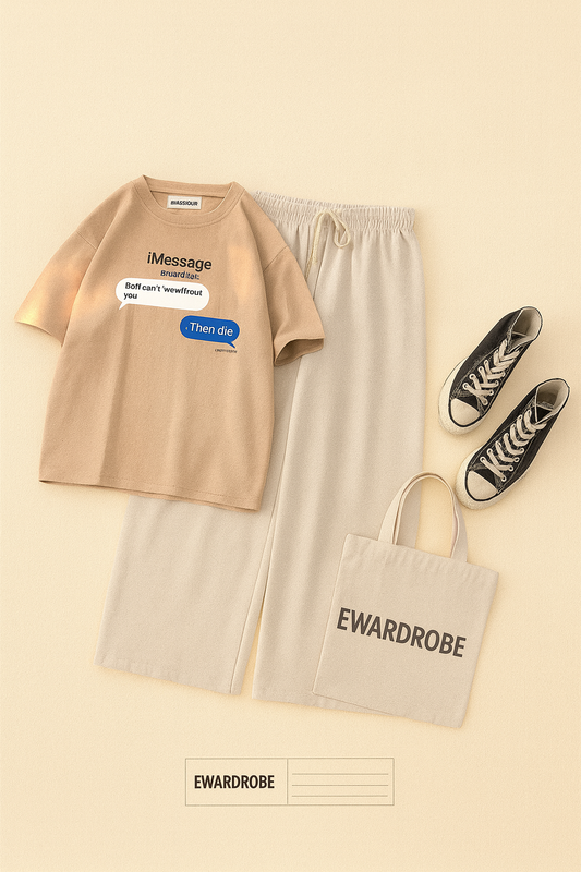 BIEGE TSHIRT TEXT MESSAGE WITH BEIGE FLAPPER