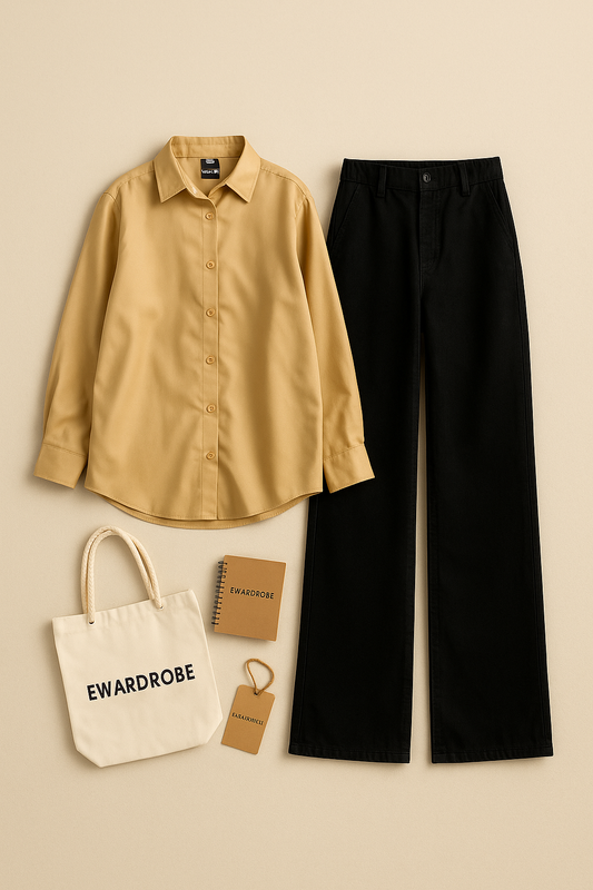 BIEGE BUTTON SHIRT WITH BLACK WIDE LEG JEANS