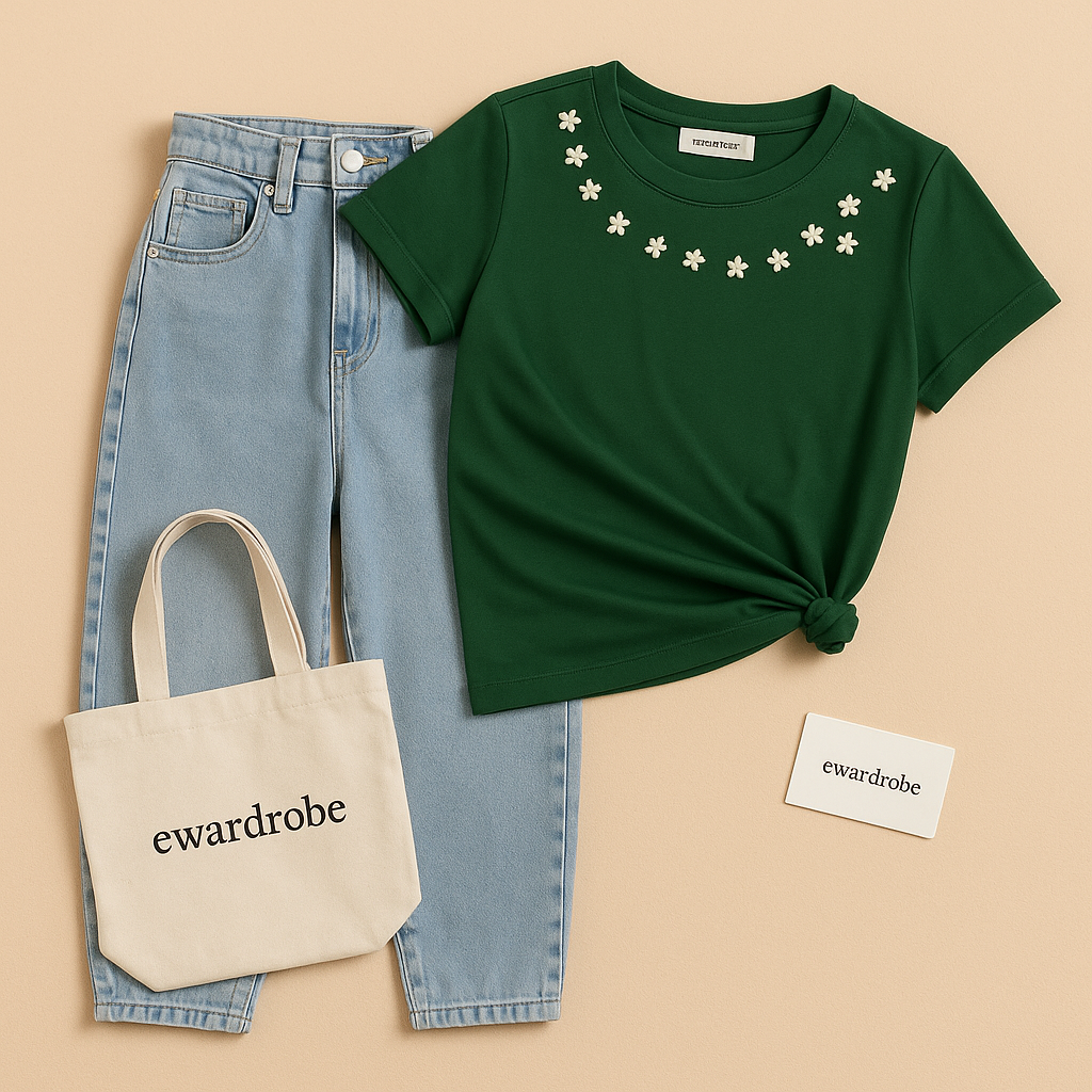 NECK FLOWER BOTTLE GREEN TSHIRT WITH ICE BLUE MOM JEANS