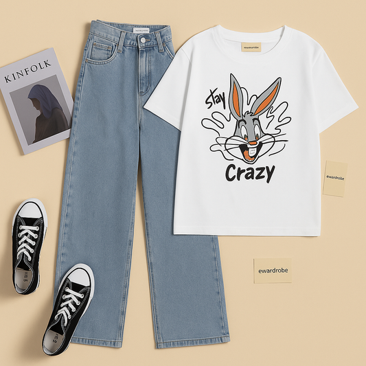 White tshirt stay crazy with sky blue wide leg jeans