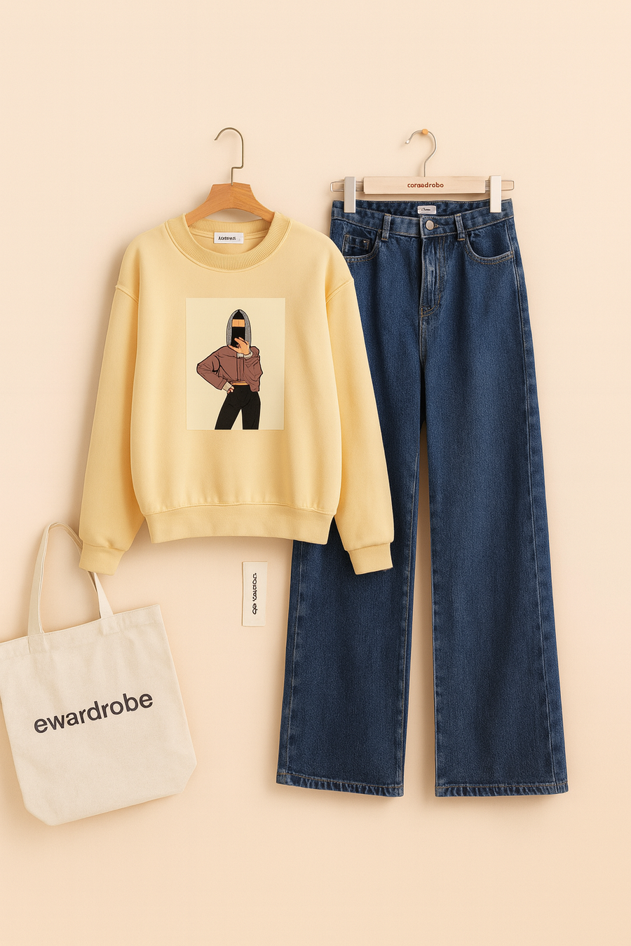 OFFSHOULDER GIRL BEIGE SWEATSHIRT WITH MID BLUE WIDE LEG JEANS