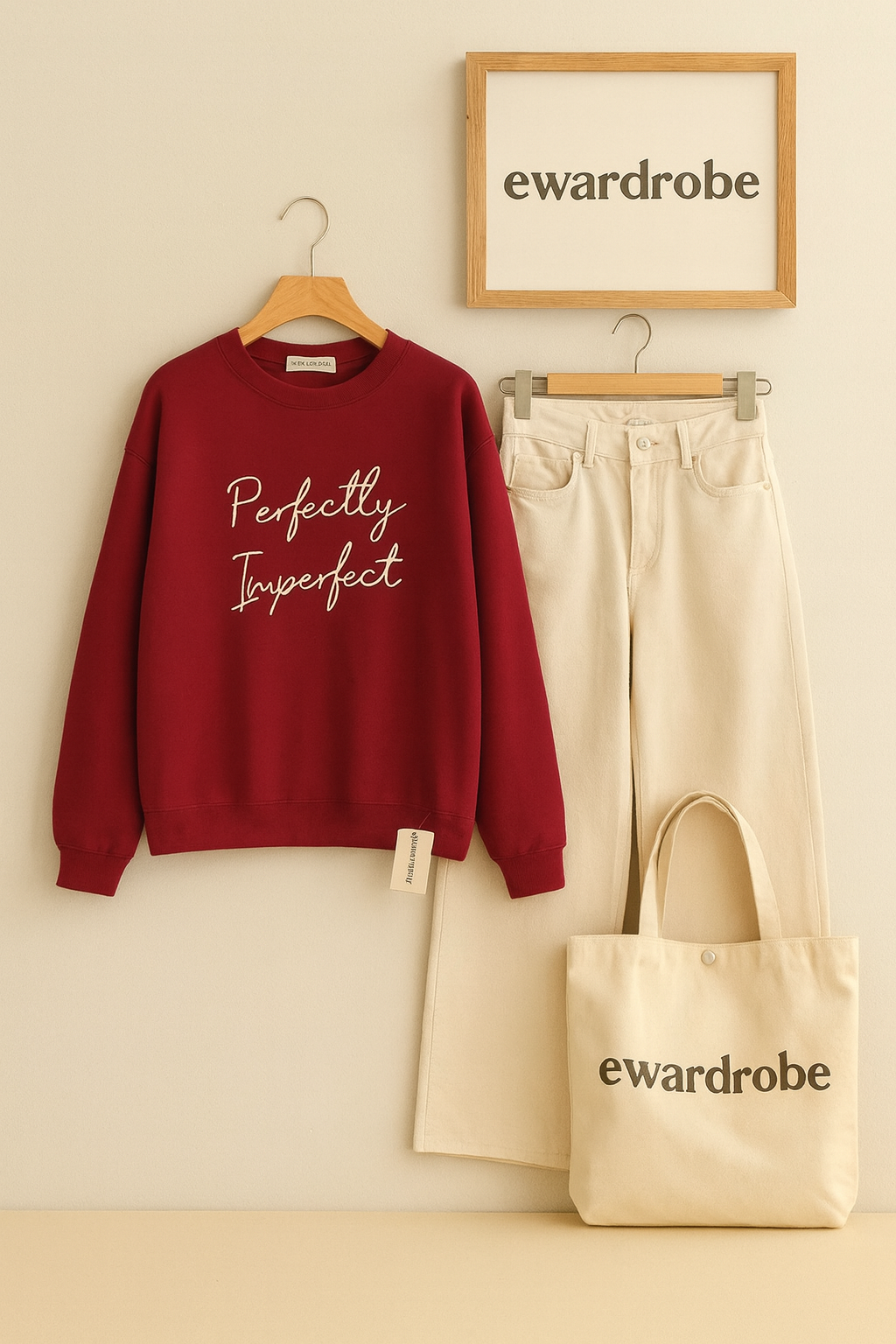 PERFECTLY IMPERFECT MAROON SWEATSHIRT WITH BEIGE WIDE LEG JEANS