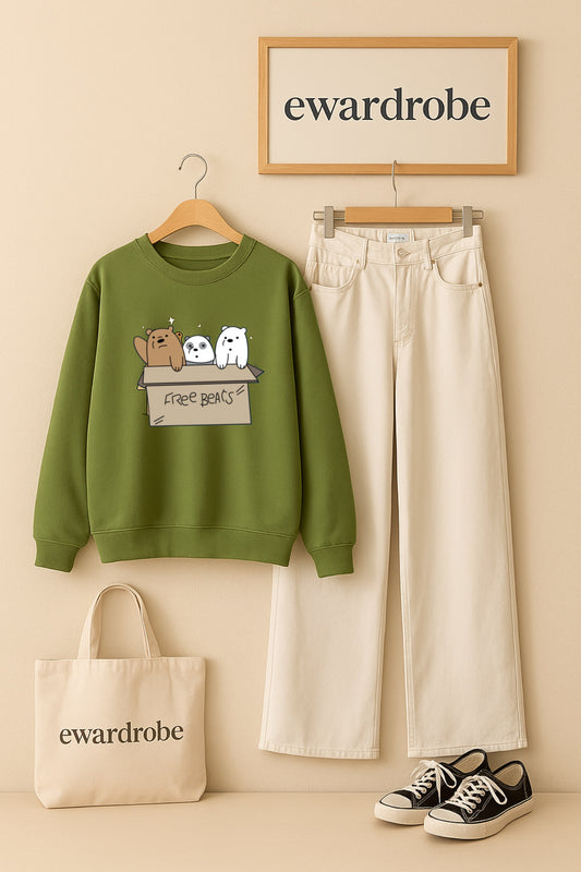 FREE BEAR OLIVE GREEN SWEATSHIRT WITH WHITE WIDE LEG JEANS