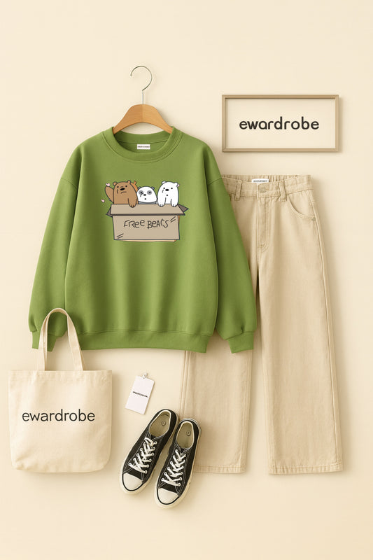 FREE BEAR OLIVE GREEN SWEATSHIRT WITH BEIGE WIDE LEG JEANS
